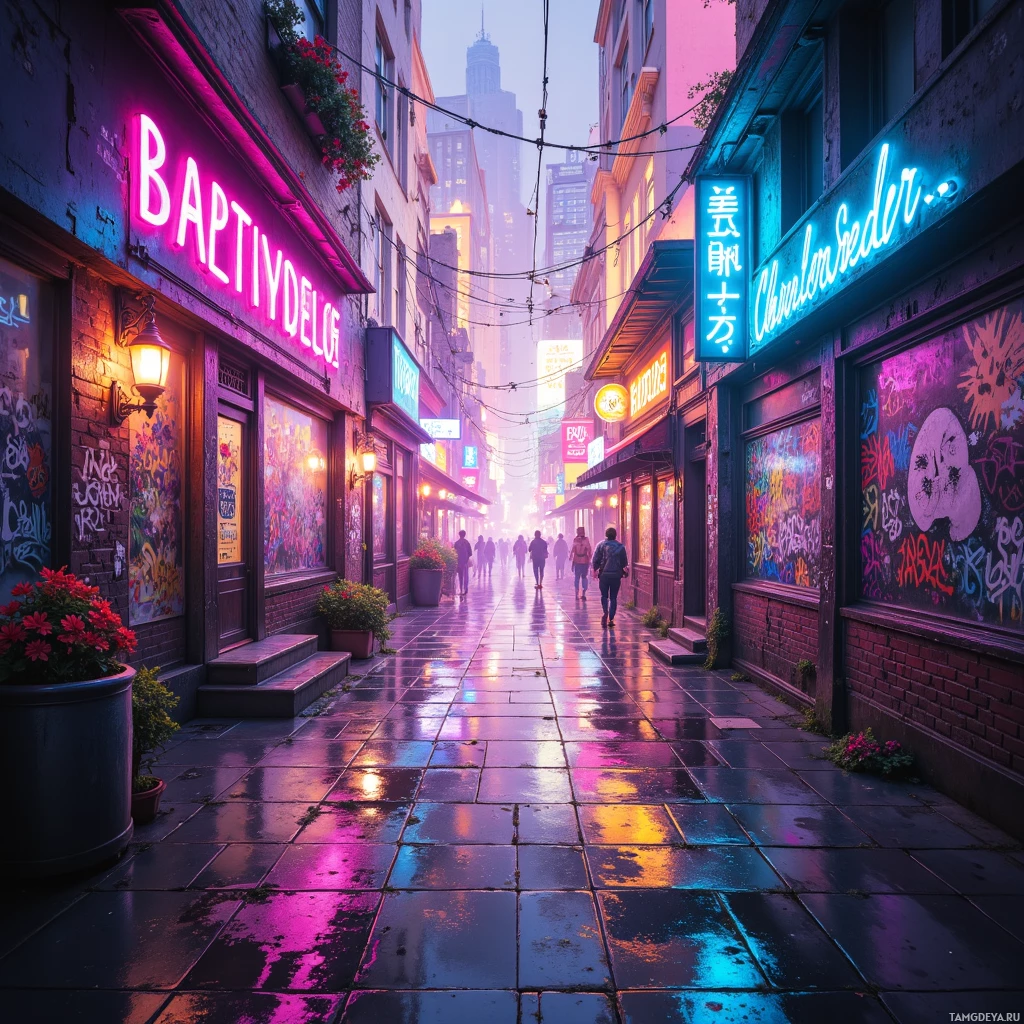 A vibrant, neon-lit alleyway with colorful storefronts and graffiti, reflecting a lively urban atmosphere.