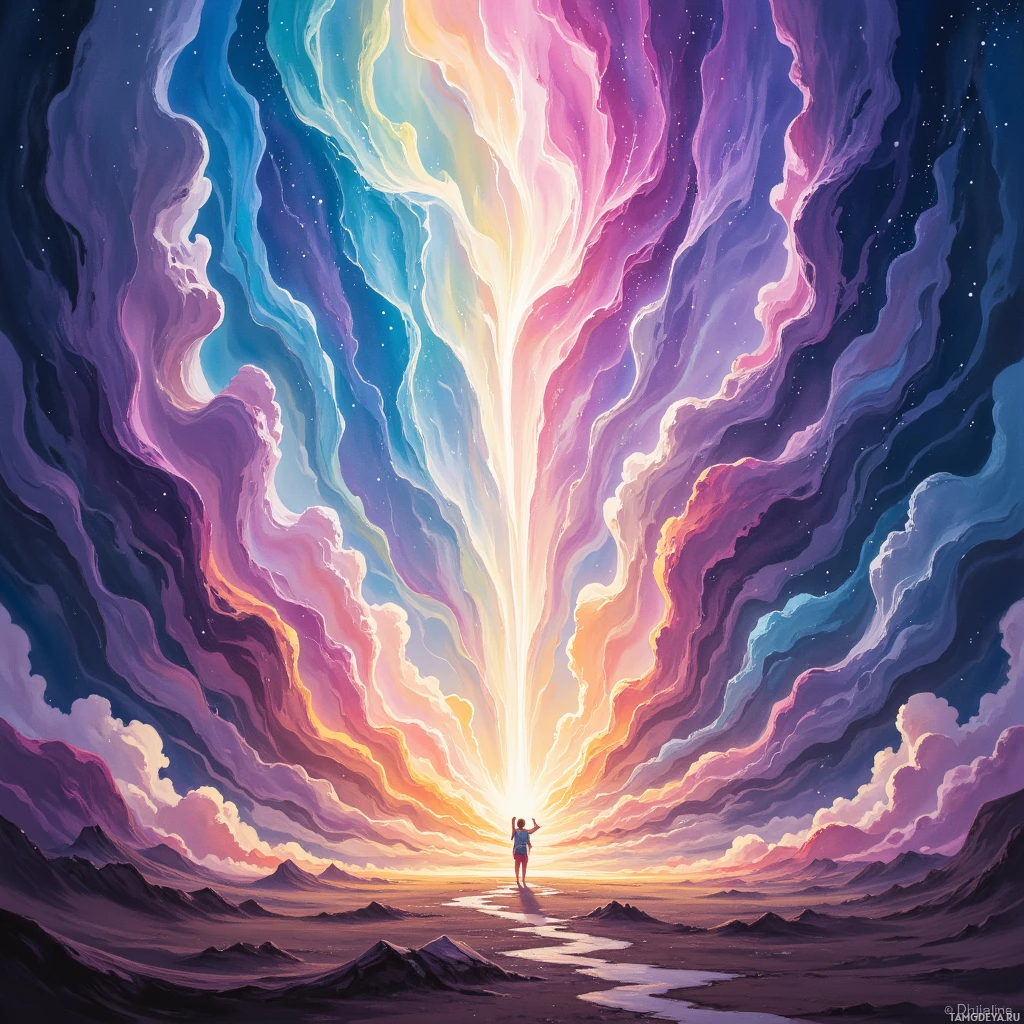 A person stands at the edge of a vast, colorful landscape, reaching towards a radiant light source in the sky.
