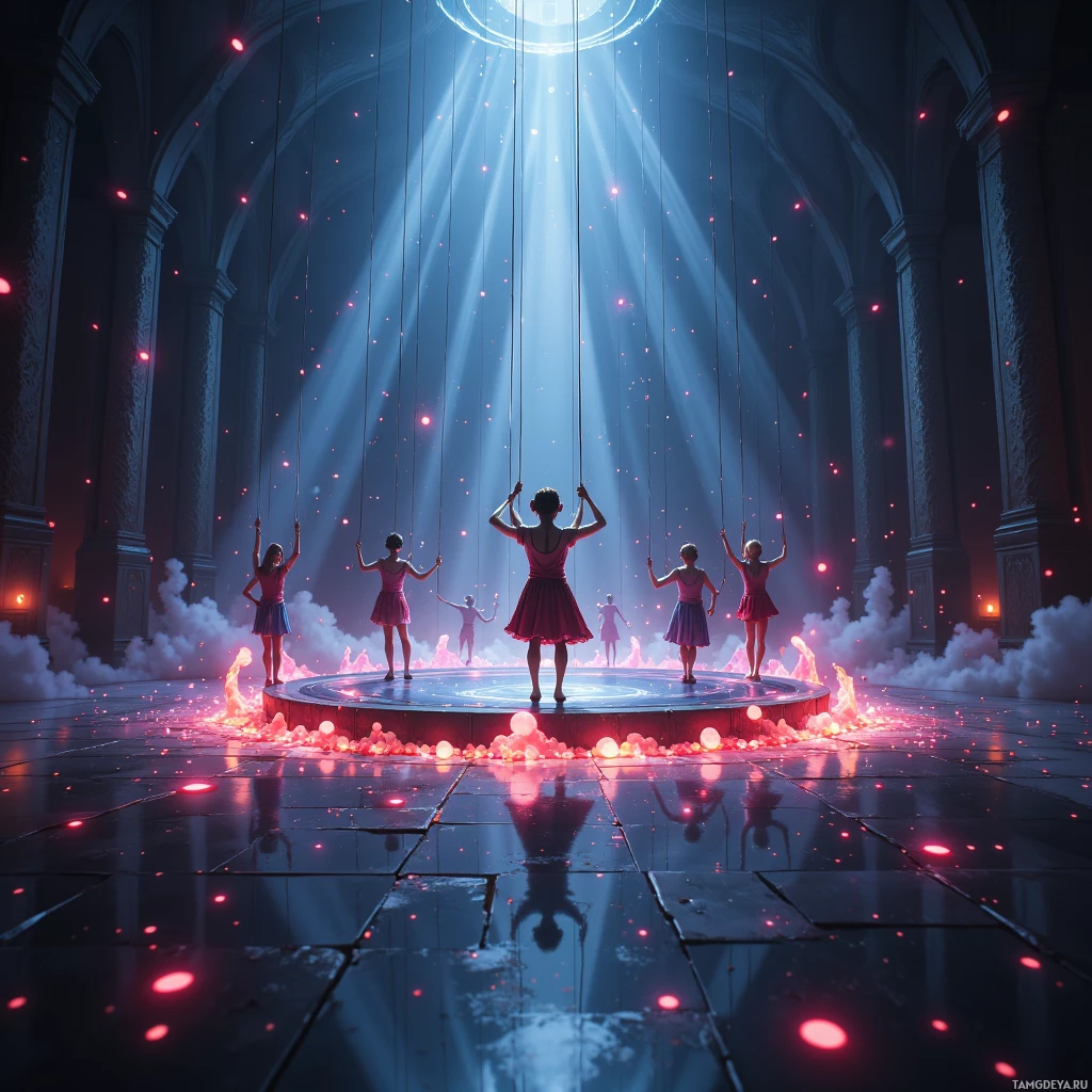 A group of dancers in a grand hall with beams of light and floating spheres.