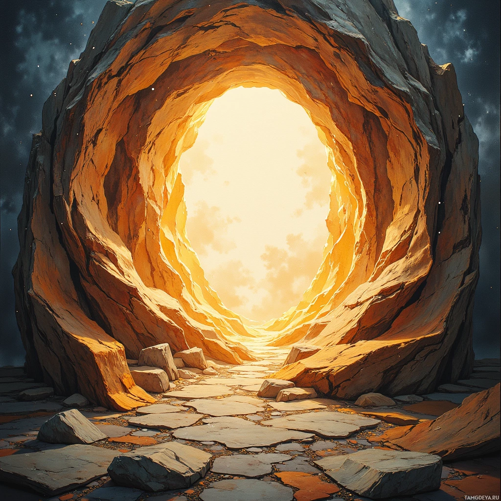 A large, glowing stone portal with a bright light at its center, set against a starry night sky.