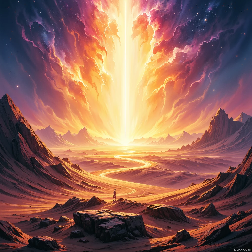 A surreal landscape with a radiant light beam descending from the sky, casting a warm glow over rugged, alien terrain.