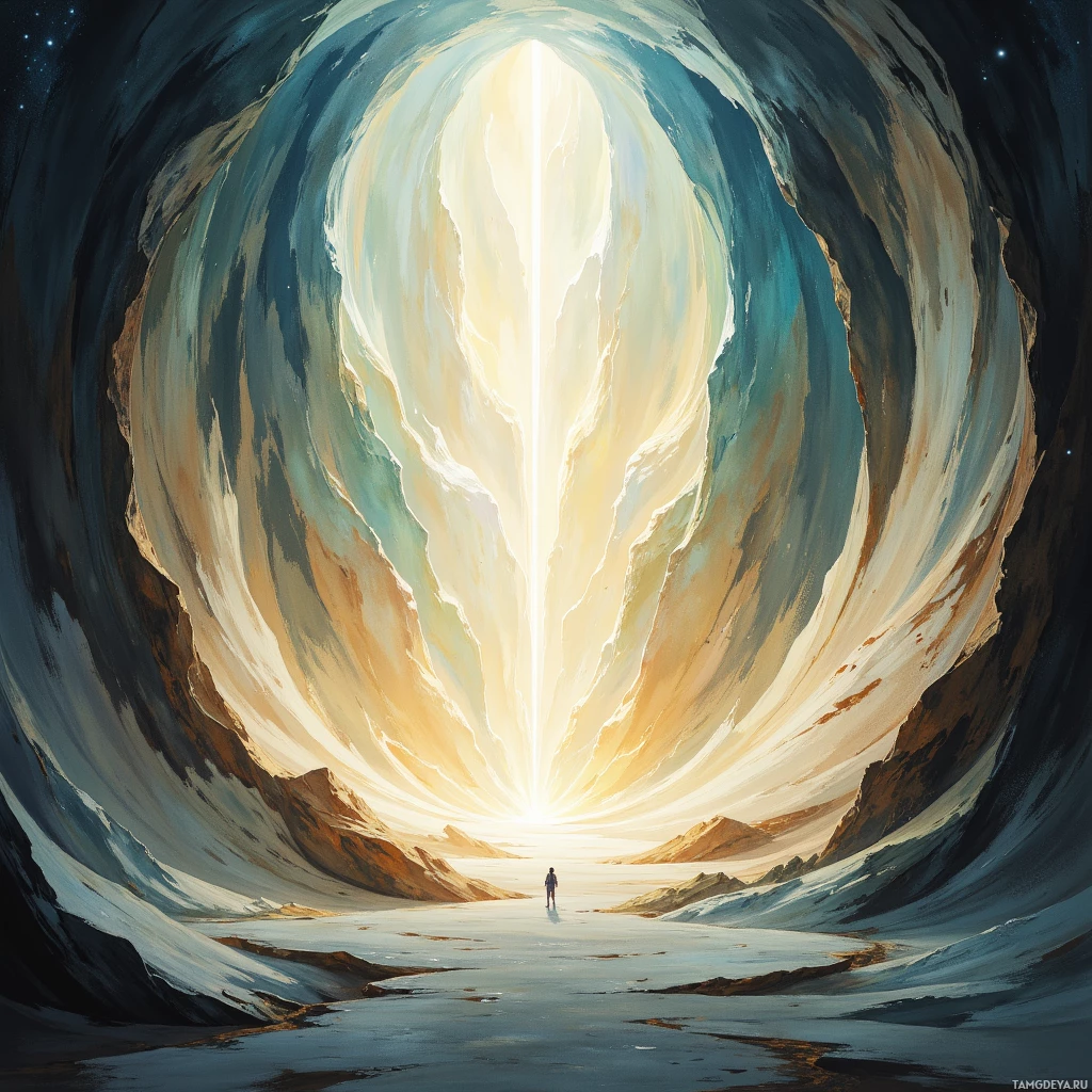 A lone figure stands at the entrance of a vast, ethereal cave illuminated by a bright light at the end.