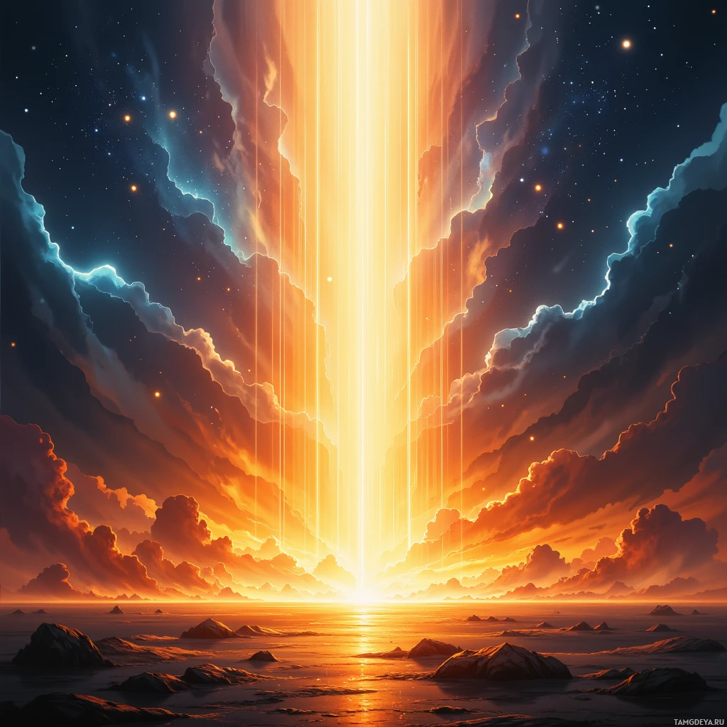 A vibrant sunset scene with radiant beams of light piercing through dramatic clouds over a serene landscape.