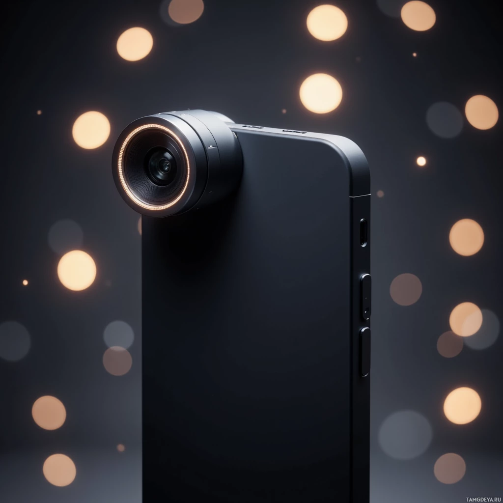 A sleek smartphone with a prominent camera lens against a bokeh-lit background.