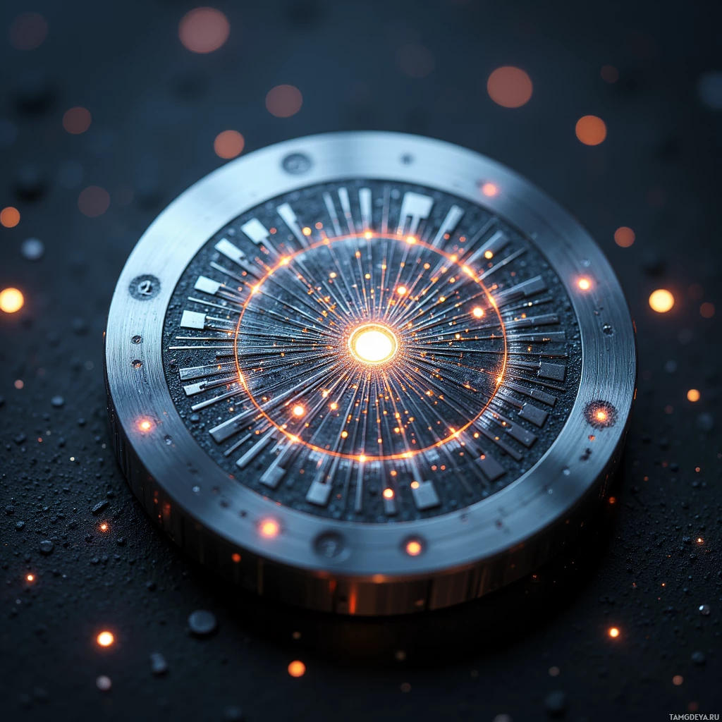 A futuristic circular device with glowing orange lights and metallic details.