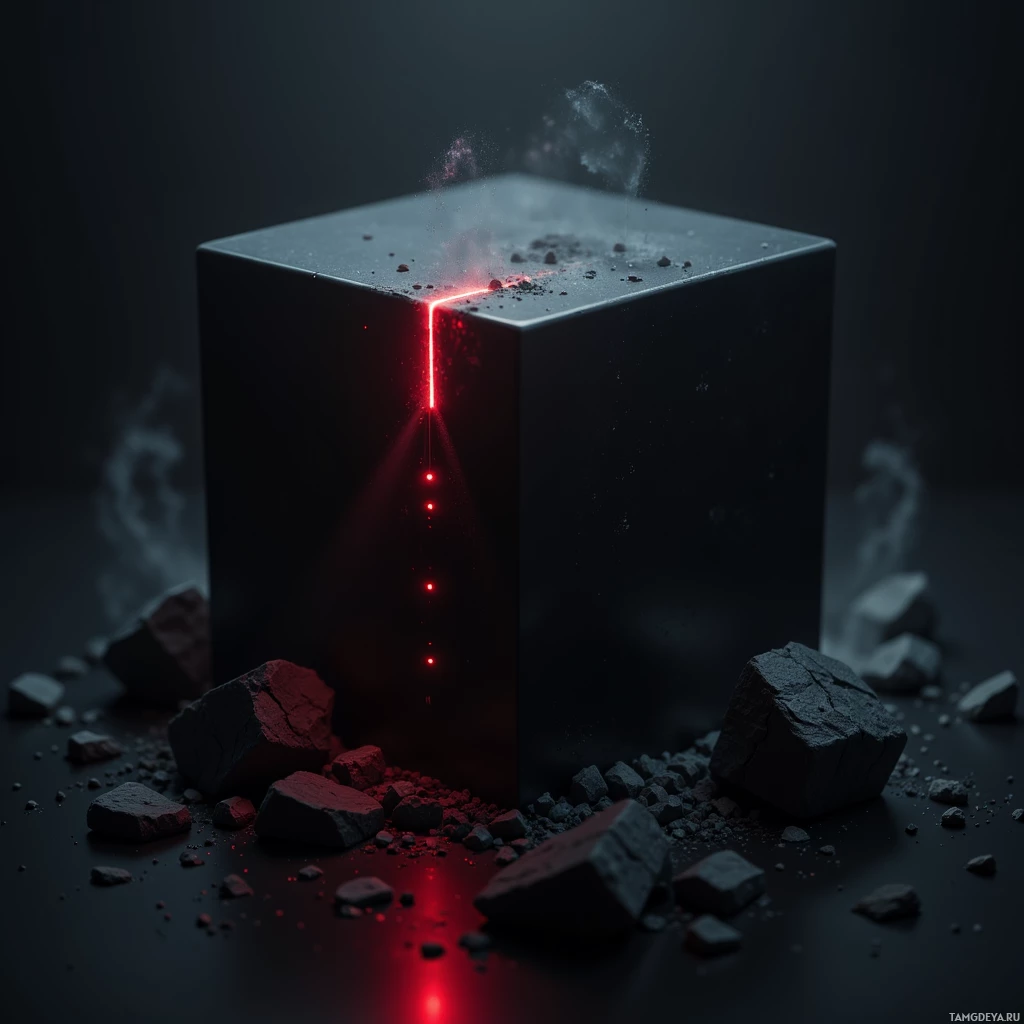 A dark cube emits red light and particles, surrounded by broken fragments.