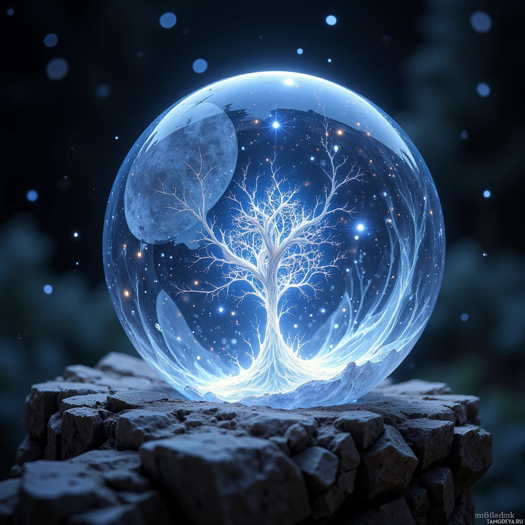 A glowing crystal ball with a tree and stars reflected inside, resting on a stone surface.