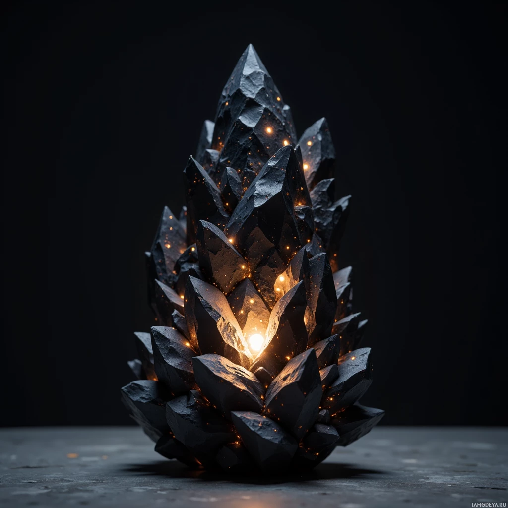 A dark, jagged crystal structure emitting a warm glow against a black background.