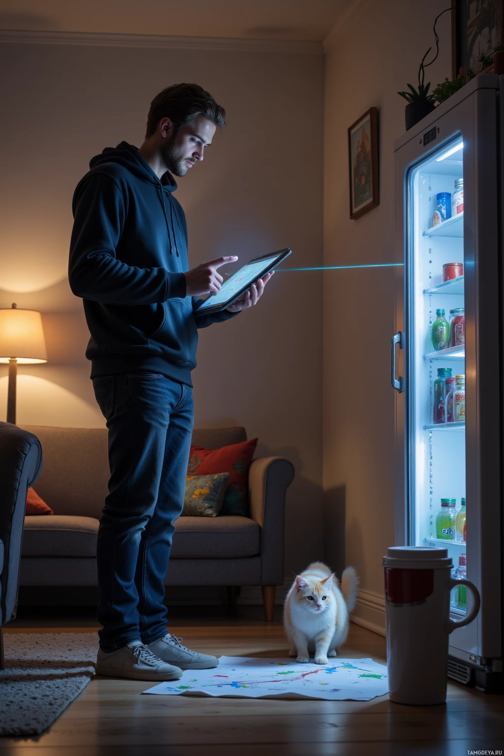 Realistic high quality photo. 35‑year‑old male, tall, brown hair, sharp blue eyes, pale skin, wearing a dark hoodie and jeans, serious expression, standing in a modern living room at afternoon holding a tablet mapping an optimal path, watching a cat with a laser pointer on the floor while a neighbor’s dog barks in the background, a flickering fridge light casts a subtle glow, a coffee mug sits in a tight corner, his posture calm and strategically focused.