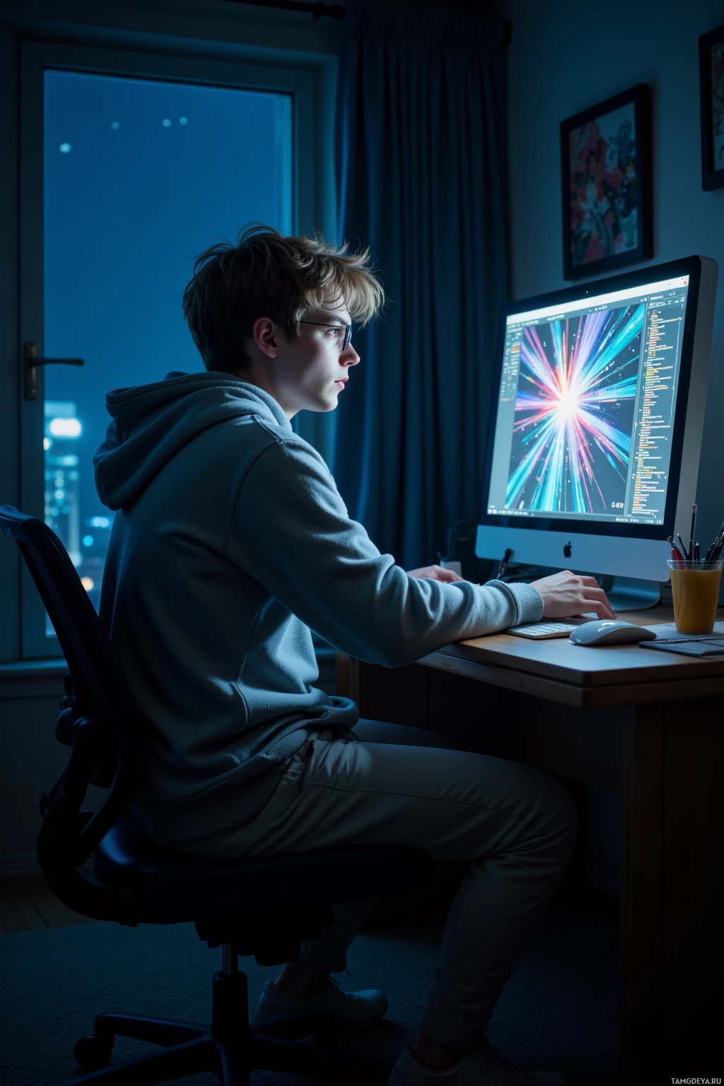 Realistic high quality photo. An 18‑year‑old man with messy light brown hair, blue eyes, pale skin, round glasses, a simple hooded sweatshirt and plain casual pants sits at his desk in a dimly lit bedroom at night, staring intently at a computer monitor filled with glitchy 42 patterns and scrolling stack traces, while the faint click of a keyboard echoes around him, his posture tense and slightly distracted.