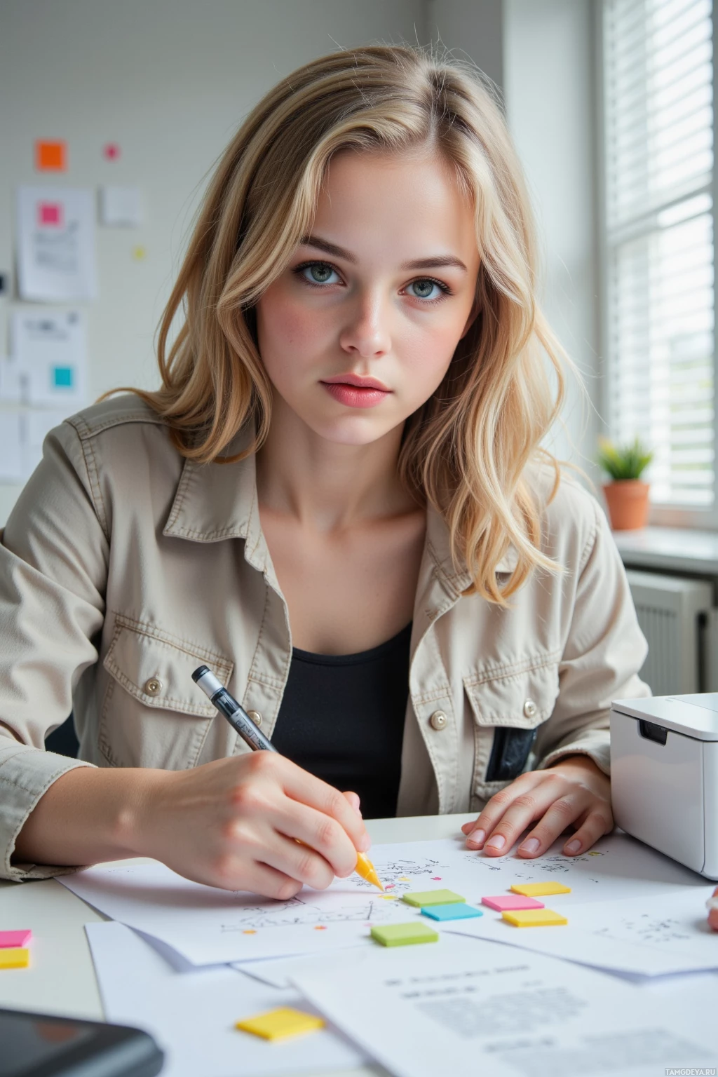 Realistic high quality photo. A 22‑year‑old woman with curly blonde hair, green eyes, light complexion, wearing a light casual jacket and dark jeans, sketching a layout on a desk in a modern office with sticky notes pinned like tiny flags, a solar printer humming in the background, morning light filtering through blinds, she juggles papers with determined focus.
