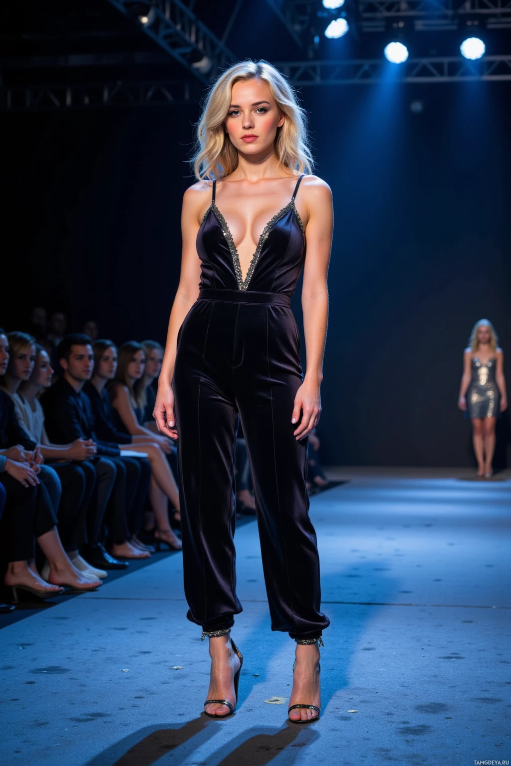 A model walks down a runway in a dark velvet jumpsuit with a plunging neckline.