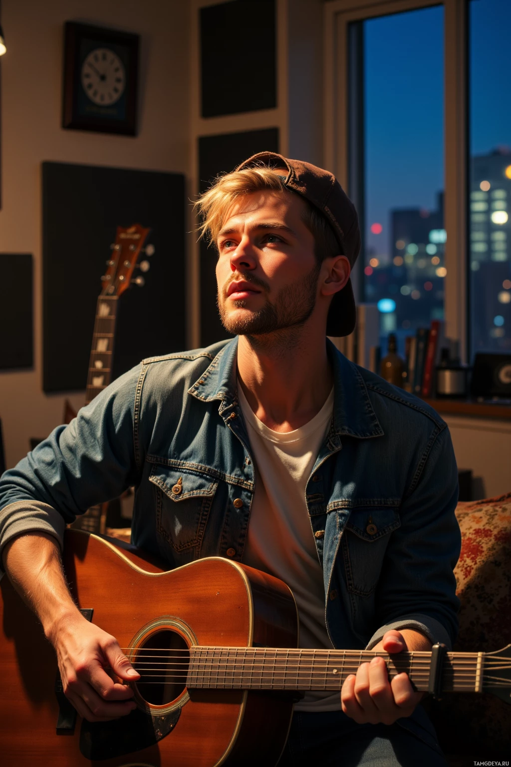 A young man wearing a denim jacket and a cap is playing an acoustic guitar in a room with a cityscape view through the window.