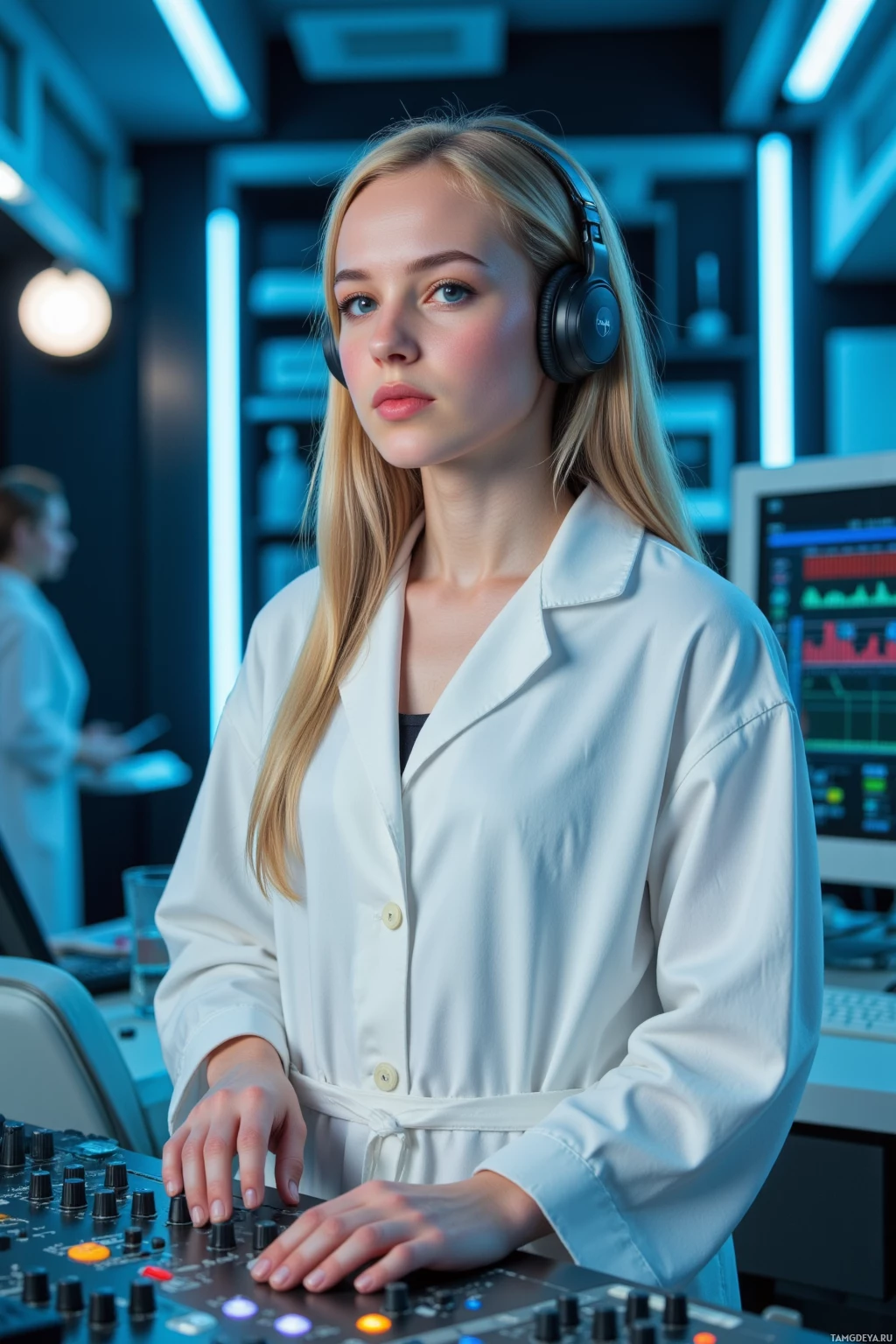 A person in a white lab coat and headphones stands in a modern, tech-laden environment, interacting with a control panel.