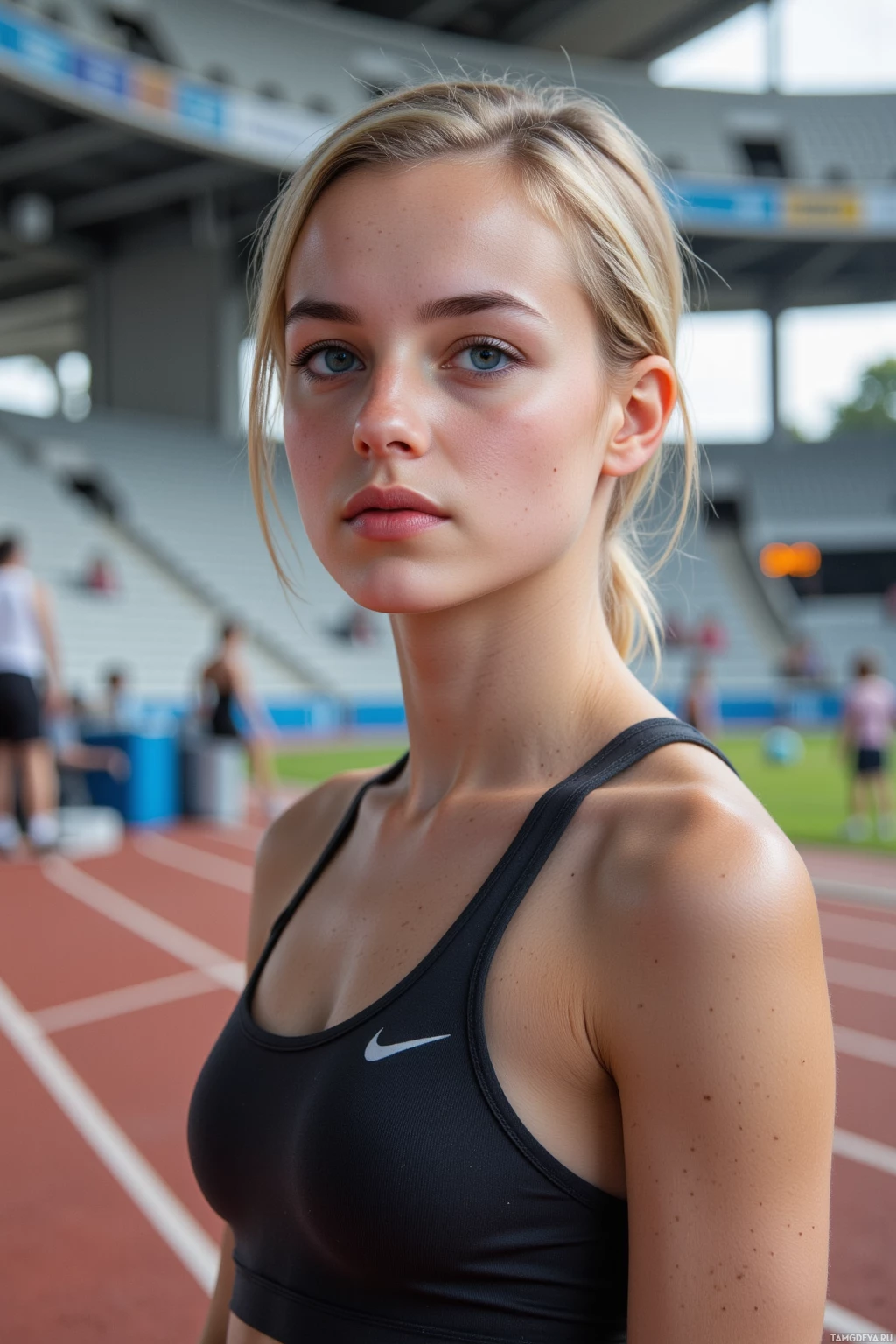 A person wearing a black sports bra stands on a track with a stadium in the background.