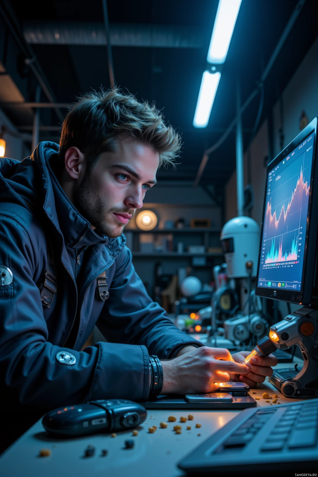 A person is working intently at a desk with a computer displaying a graph, surrounded by various tools and equipment.