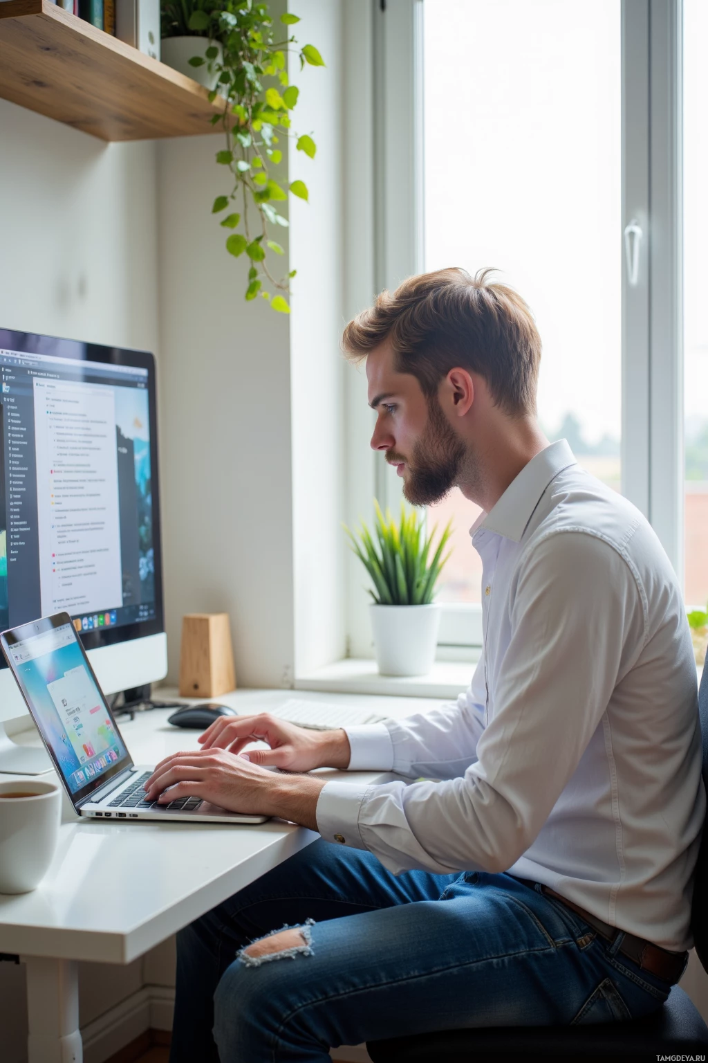 A man is working at a desk with a laptop and a computer monitor, surrounded by indoor plants.