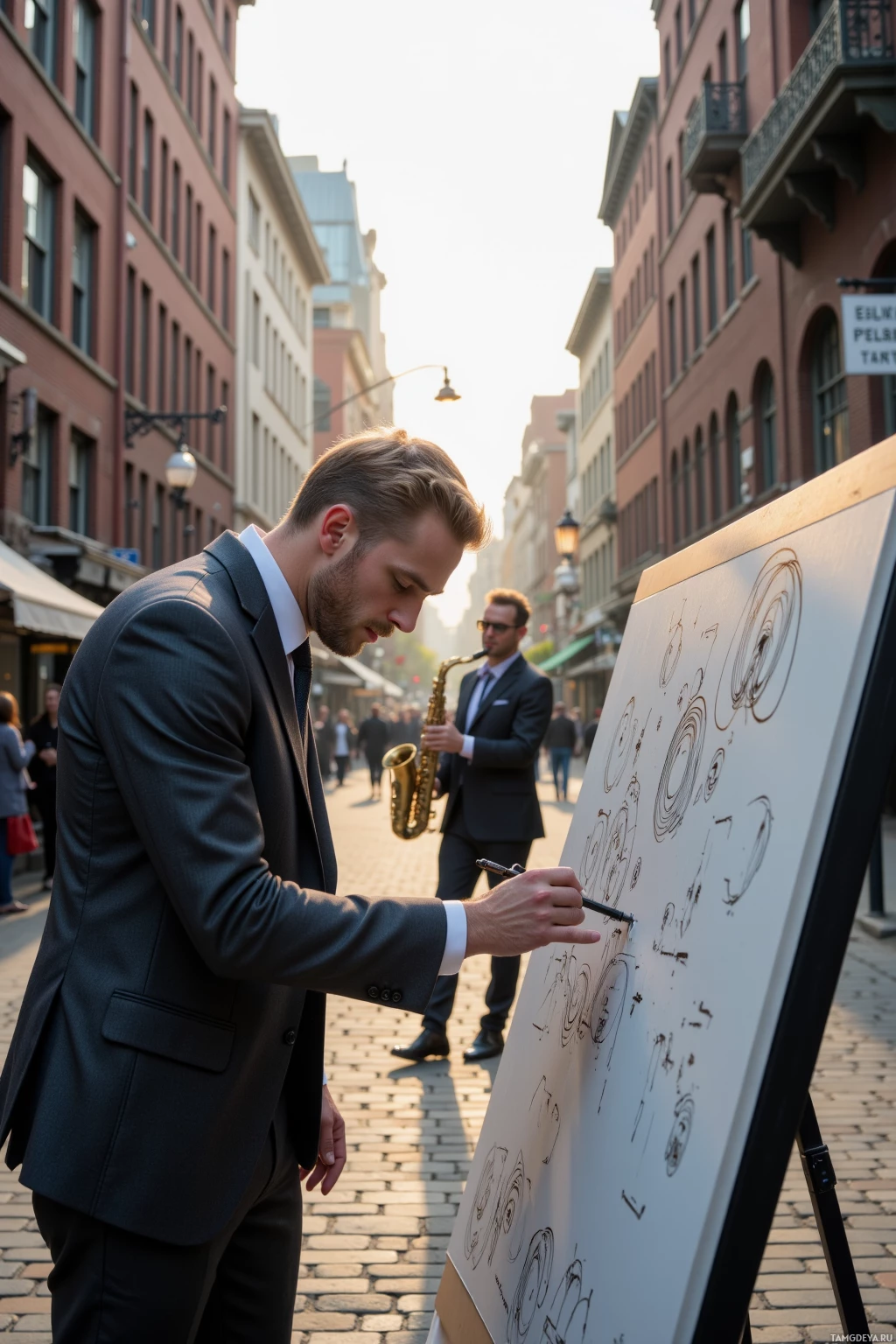 A man in a suit sketches on a large easel while another man plays a saxophone in the background.