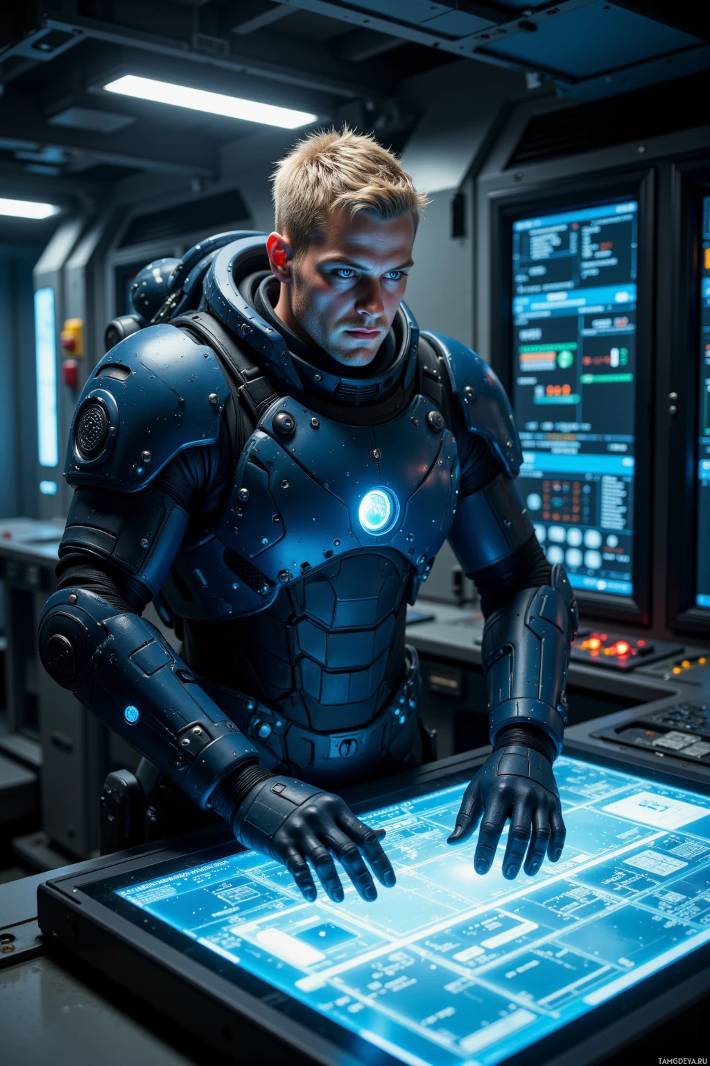 A person in futuristic armor stands in a high-tech control room, interacting with a large, illuminated display.