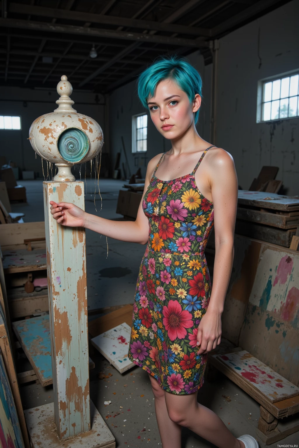 A person with teal hair stands in a rustic workshop, wearing a floral dress and holding a weathered column.