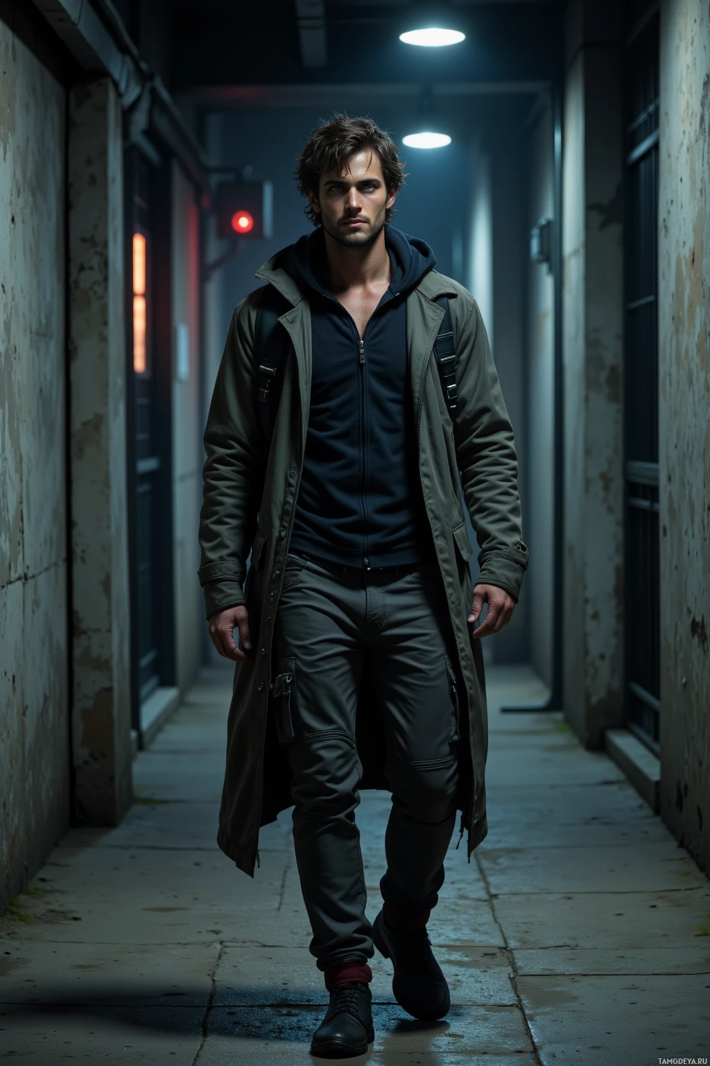 A man walks down a dimly lit corridor wearing a long coat and casual attire.