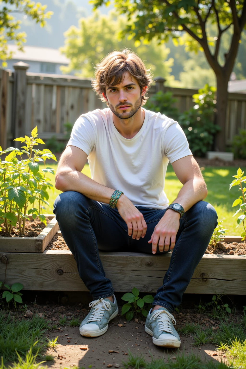 A person sits on a wooden bench in a garden, wearing a white t-shirt, jeans, and sneakers.