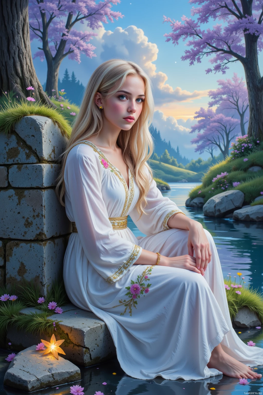 A woman in a white dress sits by a serene river, surrounded by blooming trees and flowers.