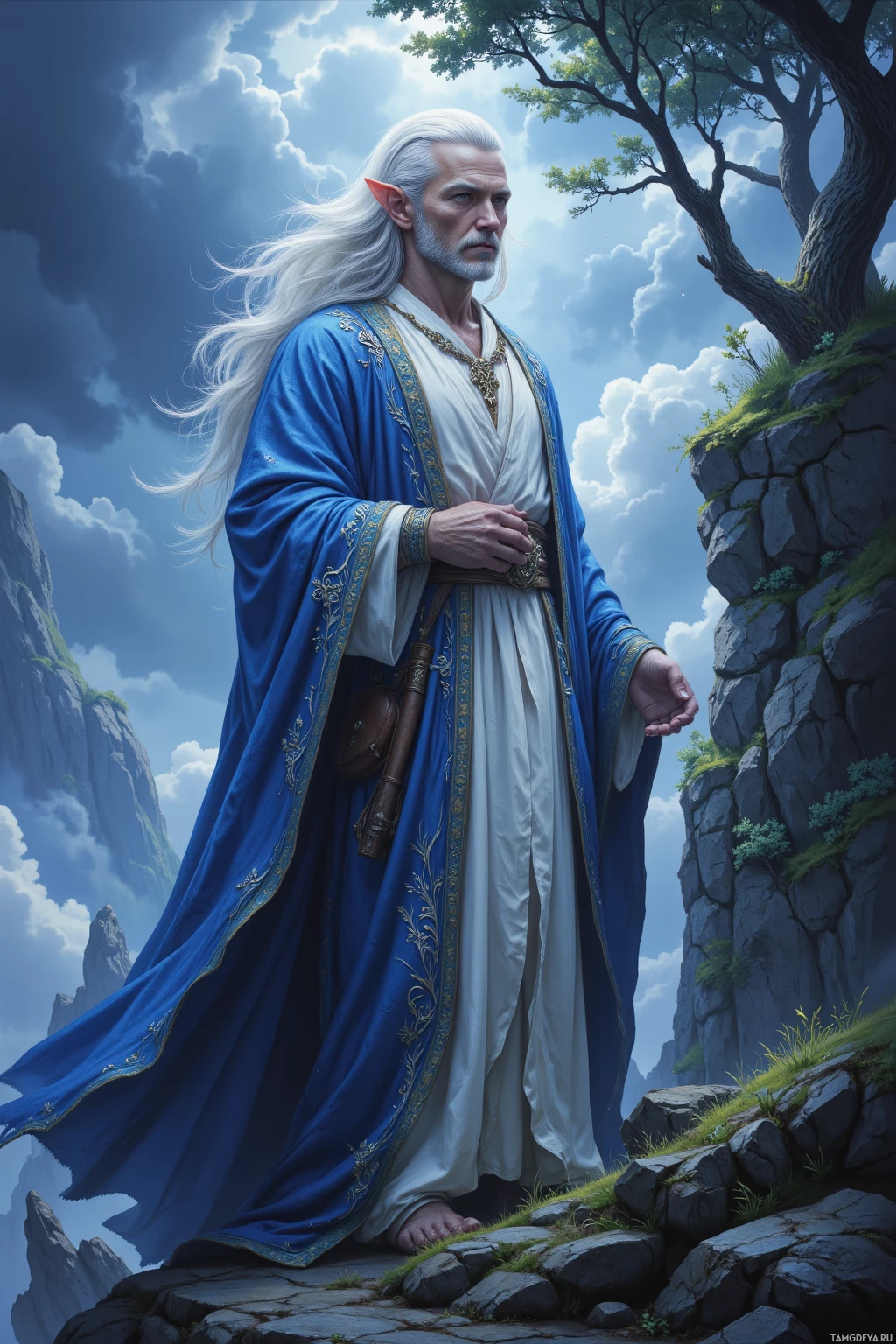 A figure in a flowing blue robe stands on a rocky path under a bright sky.