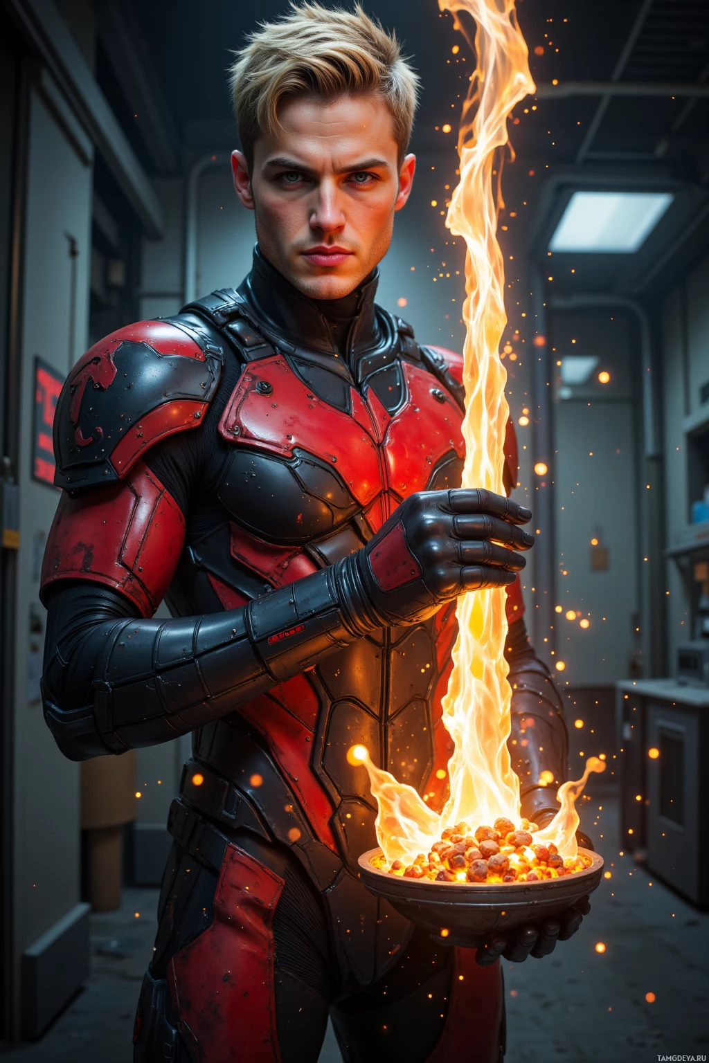 A person in a red and black armored suit holds a bowl of flaming food.
