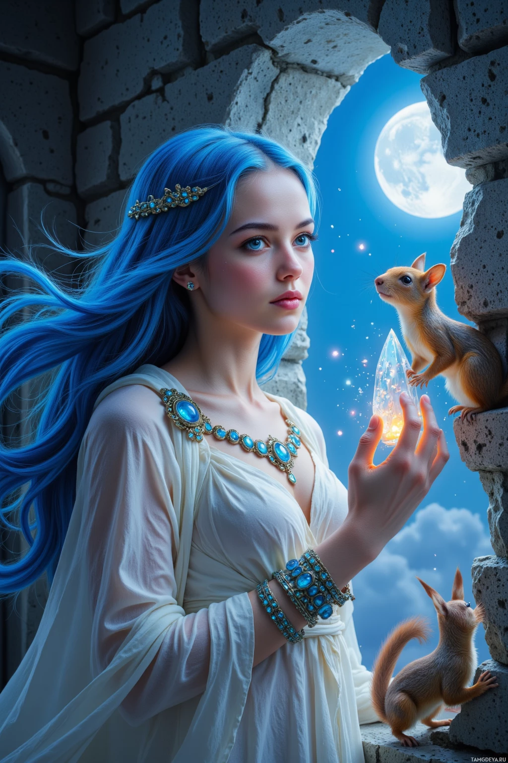 A woman with blue hair and a squirrel stand beside a stone wall, gazing at a glowing crystal.