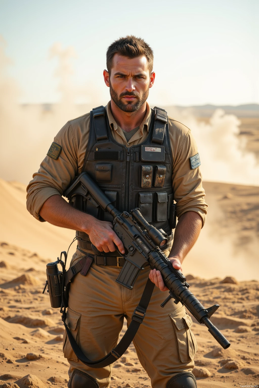 A soldier in desert gear holds a rifle, standing in a sandy environment.