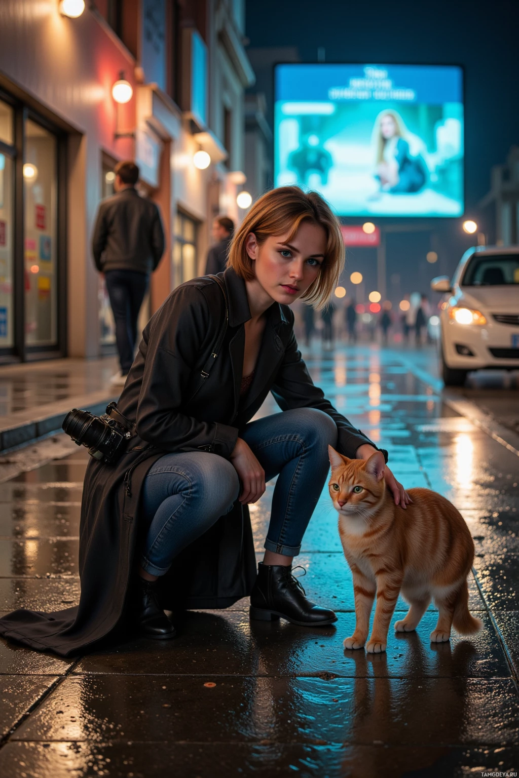 A woman kneels on a wet street at night, holding a camera, with a cat beside her.