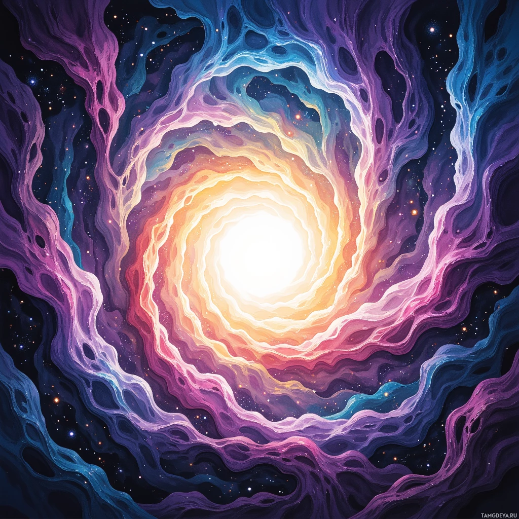 A vibrant, abstract spiral with swirling colors and a bright center against a starry background.
