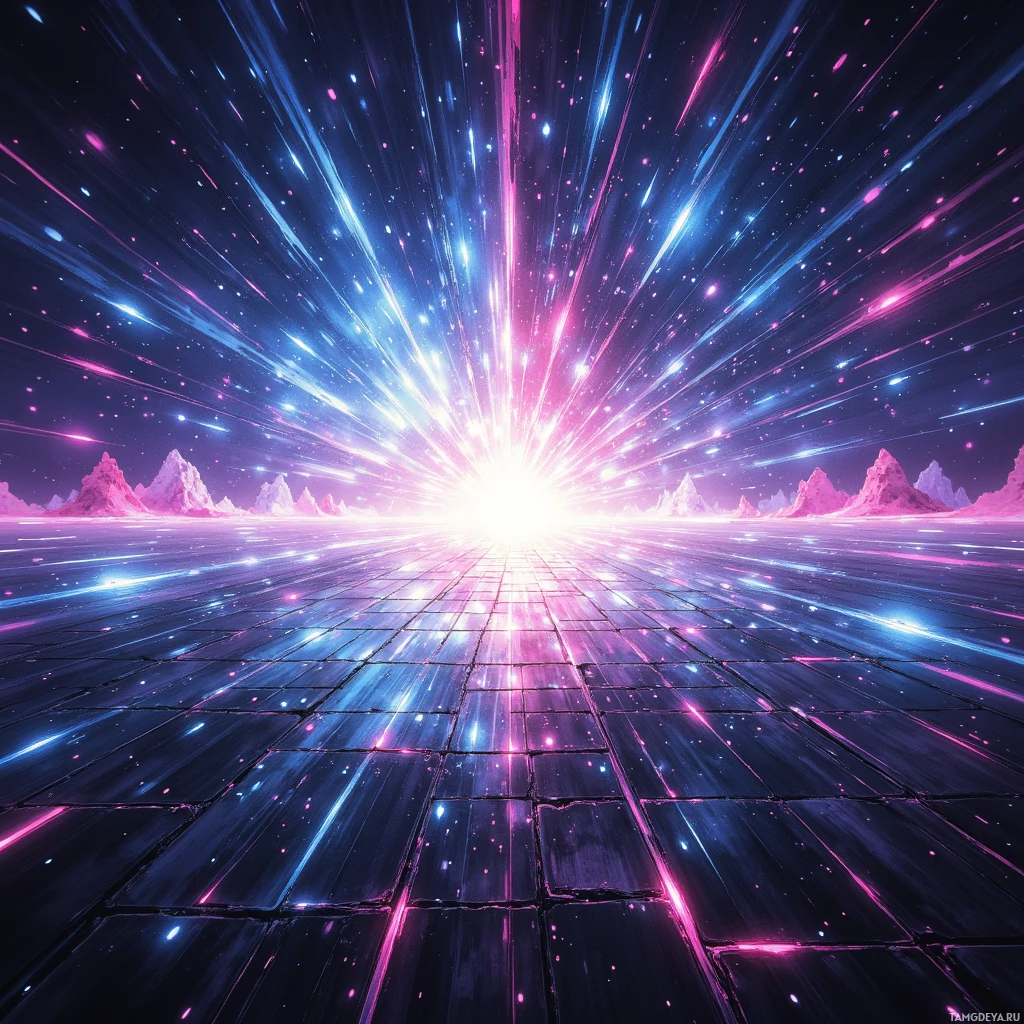 A vibrant cosmic scene with glowing lines and stars, leading towards a bright light at the horizon.