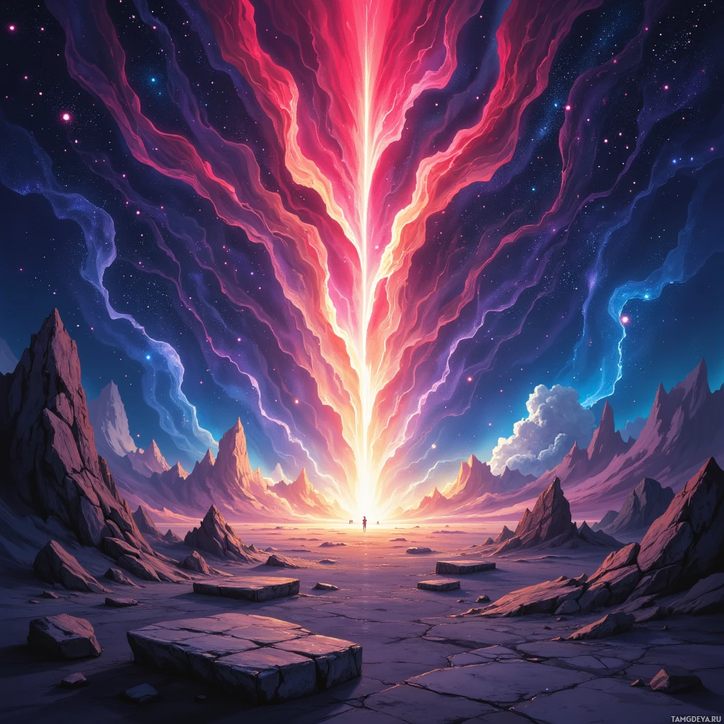 A surreal landscape featuring a glowing, radiant beam of light descending from the sky, surrounded by starry night skies and jagged rock formations.