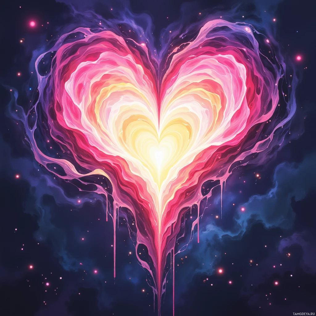 A vibrant, abstract heart shape with flowing, colorful patterns against a dark, starry background.