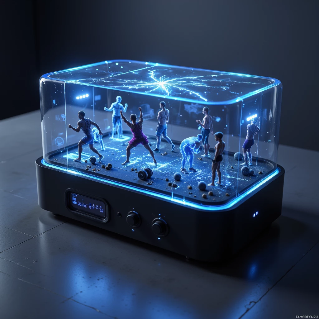 A futuristic display case with glowing blue lights and miniature figures inside.