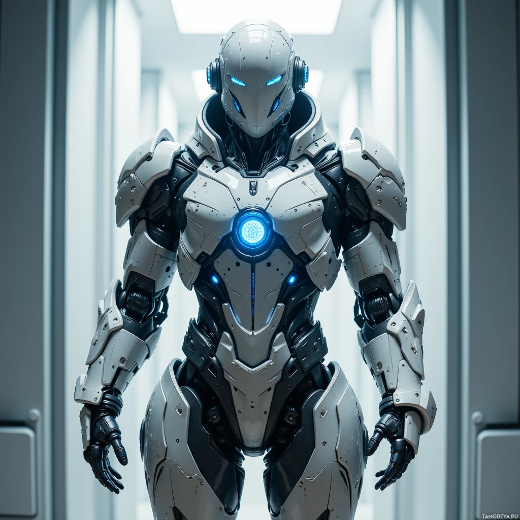 A futuristic robot with a sleek, metallic design and glowing blue eyes stands in a brightly lit corridor.