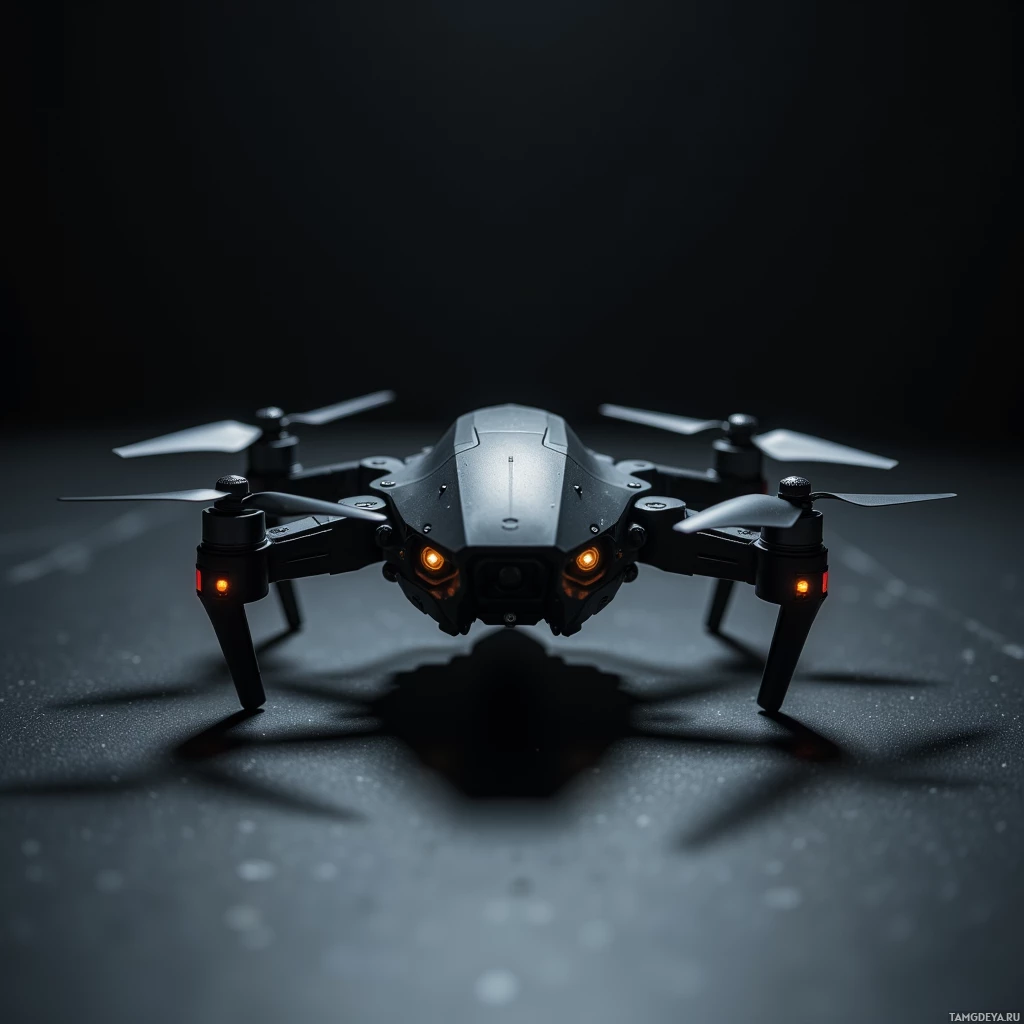 A sleek black drone with illuminated lights rests on a dark surface.
