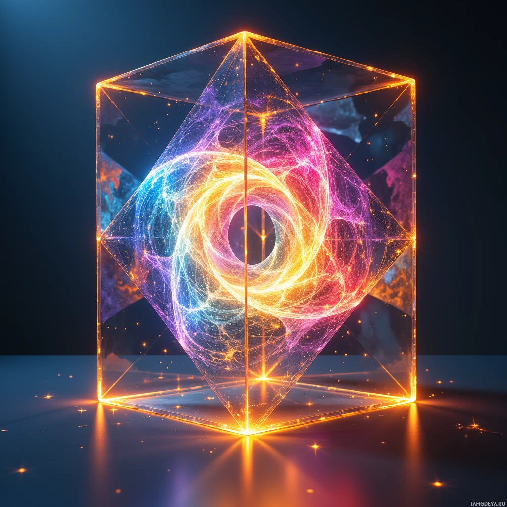 A glowing, multi-colored geometric structure with intricate patterns and a cosmic background.