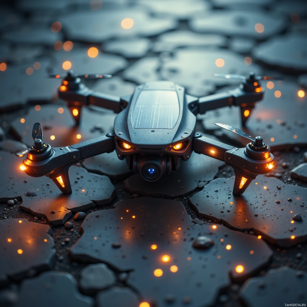A close-up of a drone with glowing lights on a textured surface.
