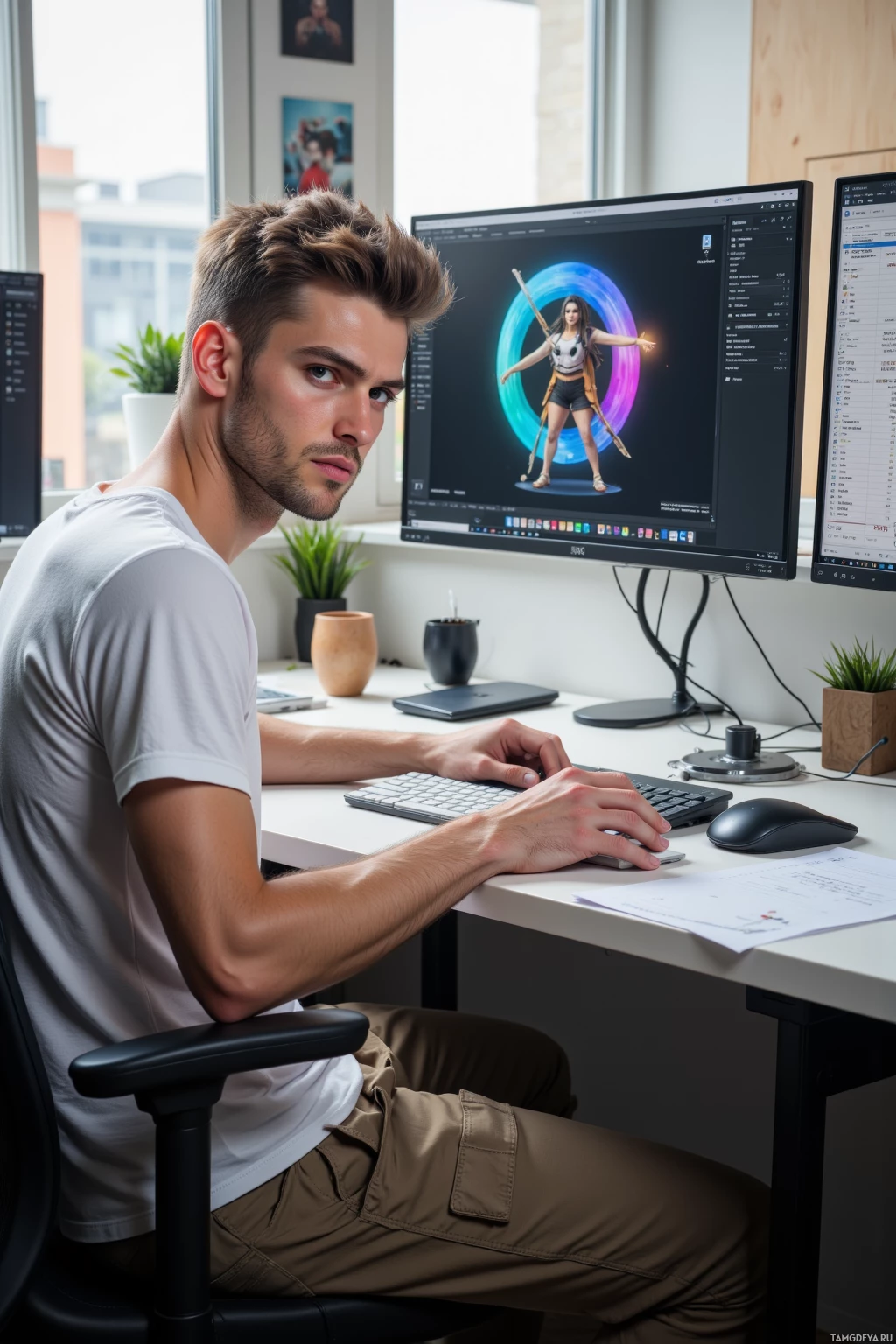 Realistic high quality photo. Male, 31, short spiky light brown hair, blue eyes, wearing a white t‑shirt and beige cargo pants, sits at a modern office desk with a computer monitor displaying a 3D character model, adjusting an edge loop with a precise mouse click while a spreadsheet showing vertex counts is open on a secondary monitor, midday light filtering through a window, focused and slightly irritated expression.