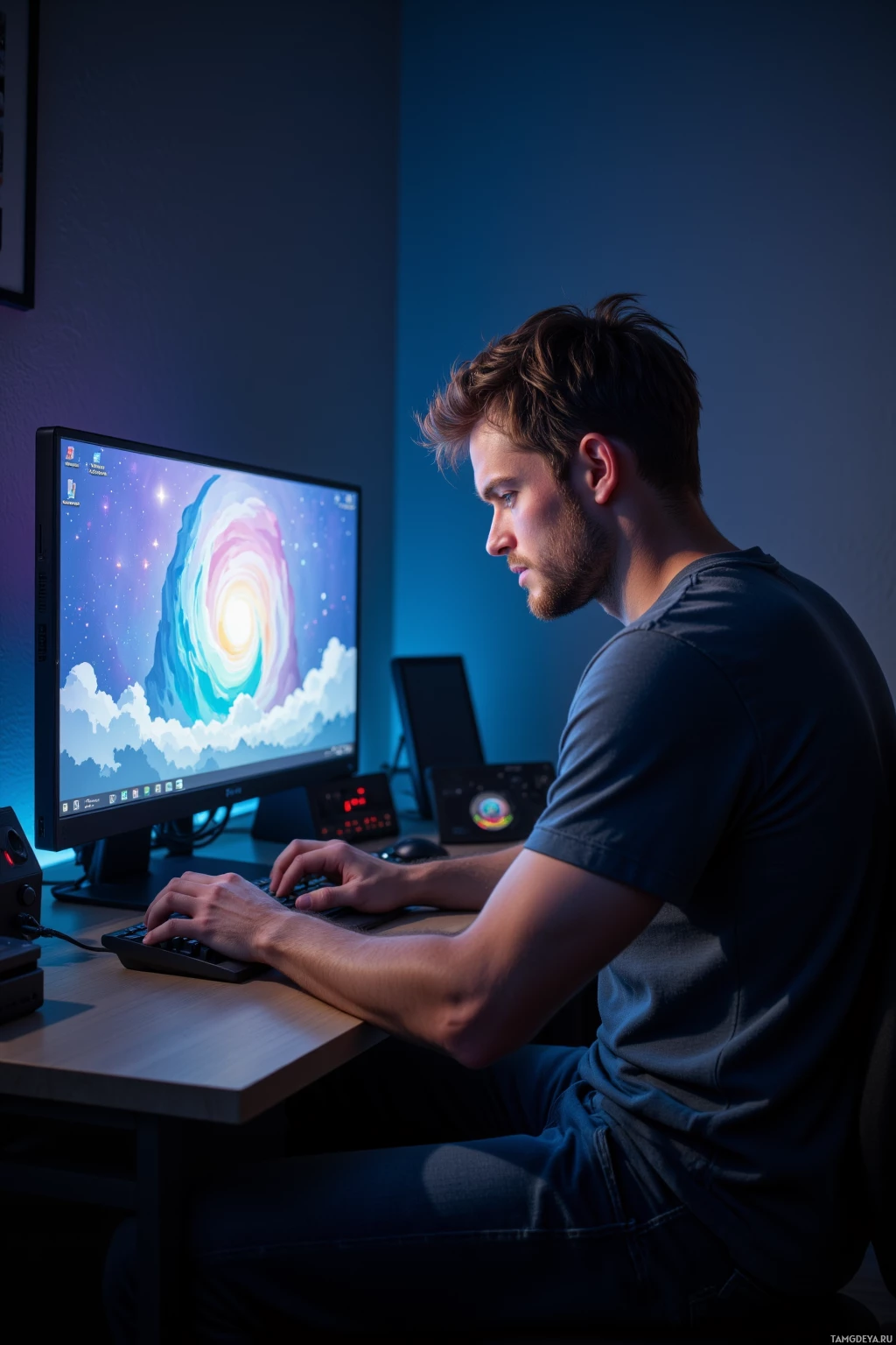 Realistic high quality photo. A 24‑year‑old man with messy light brown hair, blue eyes, pale skin, strong jawline, wearing a casual tee and relaxed‑fit jeans, sits at a gaming desk in a dimly lit bedroom at night, staring at a glowing monitor that reflects pixelated stars, a sly grin of sarcasm on his face as he types a meme‑filled troll, the soft screen light illuminating his competitive, rebellious vibe.