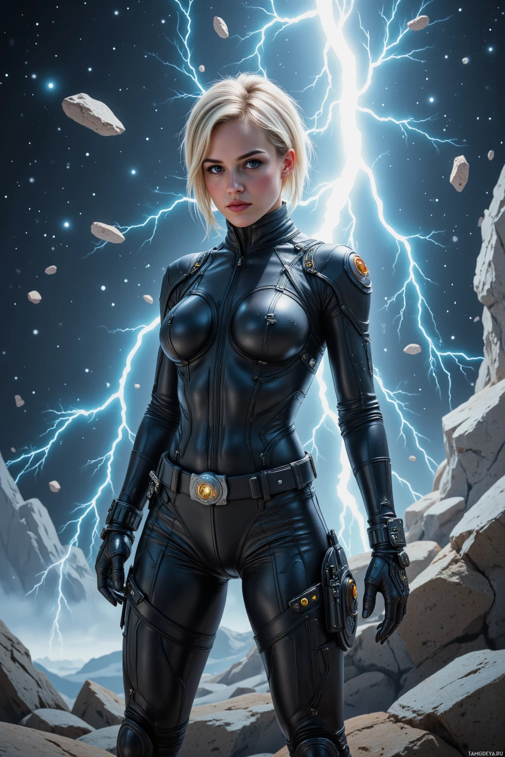 Realistic high quality photo. female 27, short blonde mohawk, blue‑green eyes, pale skin, athletic build, sleek black jumpsuit with utility belts and glowing energy gauntlets, standing on the exposed hull of a spacecraft in zero‑g, meteor swarm streaking across the star‑filled background, she holds a magnetic stabilizer, posture tense, deflecting debris, a pulsating energy core flashing like lightning behind her.