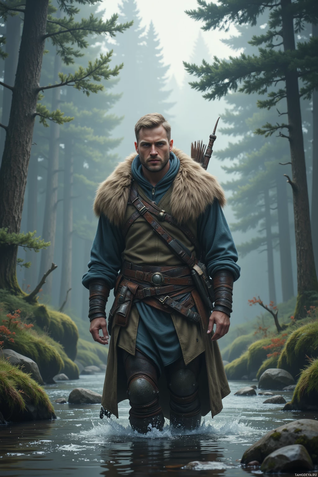 Realistic high quality photo. A 35‑year‑old muscular man with short blonde hair, striking blue eyes, lightly tanned skin, wearing a fur‑lined cloak over a simple tunic and leggings, bow slung over his shoulder and animal trophies hanging from his cloak, quietly strides along a misty forest river at dawn, his eyes scanning the water’s currents for the next prey.