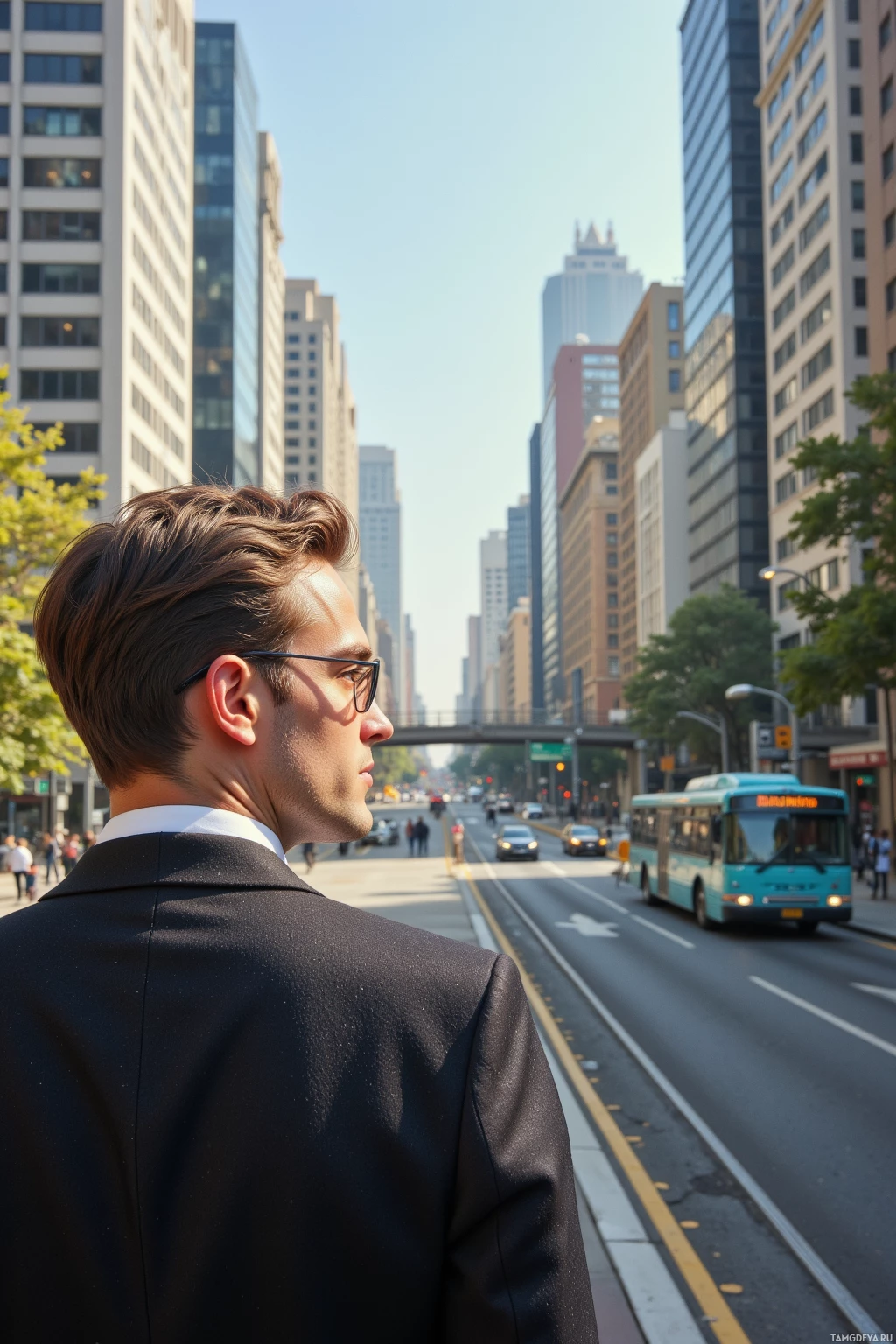 Realistic high quality photo. A 35‑year‑old man with light brown hair, pale skin, deep green eyes, wearing a vintage‑inspired tailored suit and round glasses, standing on a city bus platform in a bustling urban area, watching a bus that appears to loop endlessly along a twisting road amid tall modern buildings, morning light casting long shadows, his expression detached and mildly amused.