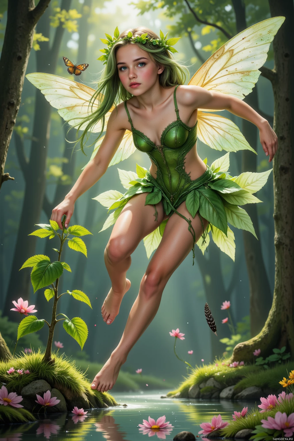 Realistic high quality photo. A young female forest nymph with flowing green hair, bright green eyes, porcelain skin, crowned with leaves, wearing a vine‑and‑petal dress, leaping gracefully over dew‑kissed leaves, nudging a shy sapling toward the sun, with a moth hovering on a petal and a drifting feather landing in a crystal pool beside a hidden glade at dawn.