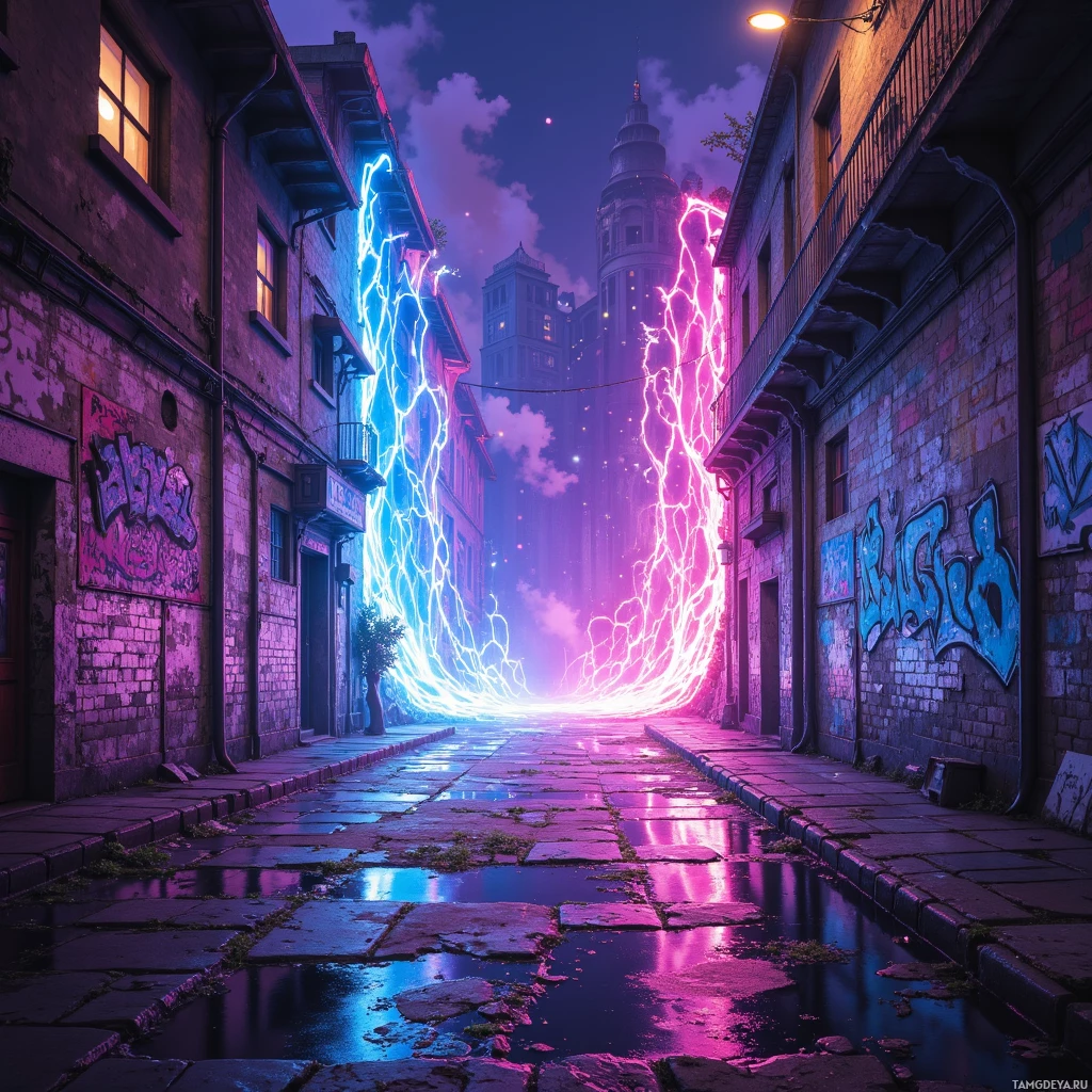 Semi-abstract image with many empty light space at center of beautiful background, that is suitable for the post:  The city’s neon graffiti flickers whenever I pause, reminding me that truth is the only unpainted spot.