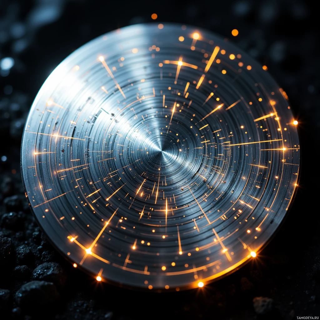 Semi-abstract image with many light, that is suitable for the post:  Polished titanium disc, one-inch diameter, with intricate glowing runes etched across its surface that shift like a living pulse, metallic sheen reflecting faint light, subtle futuristic detail.