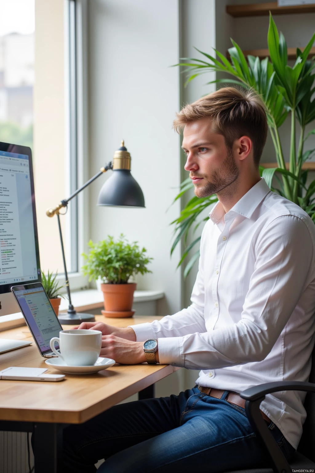 Realistic high quality photo. Male, 28, short blonde hair, blue eyes, wearing a crisp white shirt and blue jeans, sitting at a modern apartment desk in the afternoon, typing on a laptop surrounded by a stack of overdue email notifications on a monitor, a thriving succulent plant on the windowsill, and a warm mug of chamomile‑rosemary tea beside him, focused on debugging a to‑do list app with a look of quiet satisfaction.